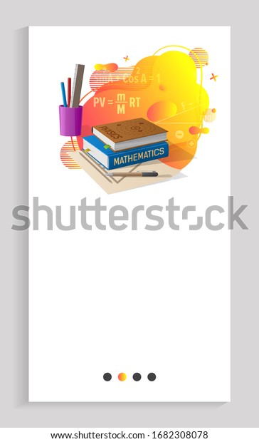 Mathematics\
raster, school subject book with formulas and solution, discipline\
of university of college. Supplies, pen and pencil in cup. Website\
slider app template, landing page flat\
style