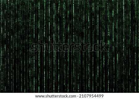 Matrix or metaverse concept with strings of green code written vertically on black background