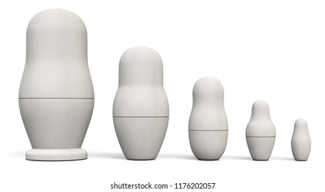 Matryoshka Russian Plain White Nesting Dolls. Russian Traditional Toys. 3D Illustration.