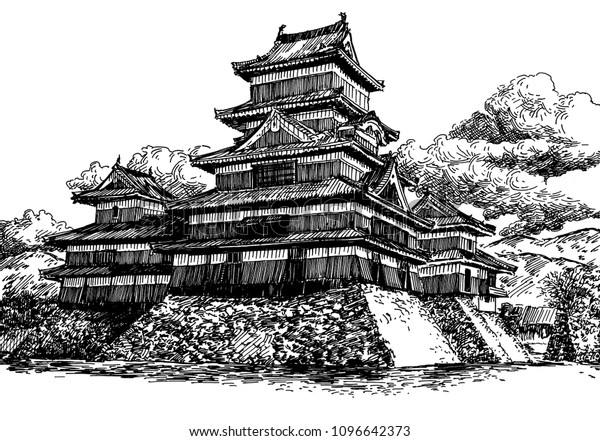 日本の長野の松本城 周濠に囲まれた石塁 日本の伝統的な城と水の景色 白黒の線画 ペンとインクで描く のイラスト素材