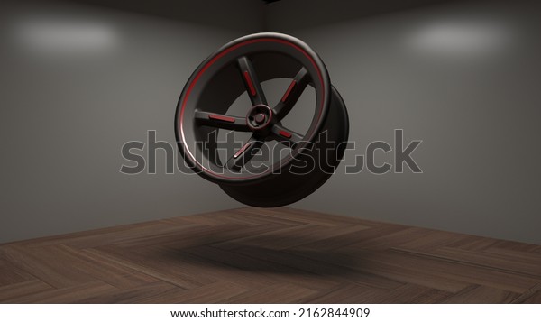 Matte Black Rim with Red
lining.3D Rendering. Wooden floor. Grey background.Low lighting.
