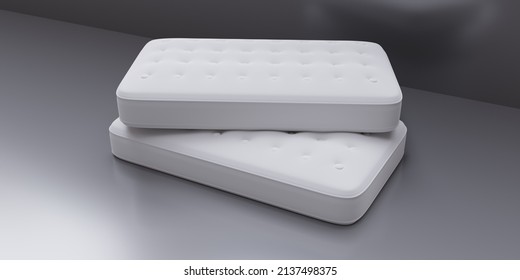 Mattress Single White Color Isolated On Gray Background. Two Bed Mattress Stack, Comfort Sleep Concept, View From Above. 3d Render