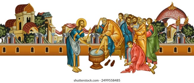 Maundy. Jesus Christ washing apostles feet, Biblical series. Christian religious illustration in Byzantine style isolated on white background - Powered by Shutterstock