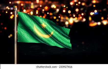 Mauritania National Flag City Light Night Bokeh Background 3D
