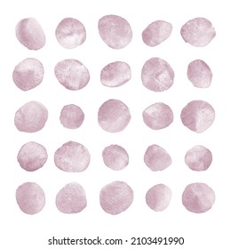 Mauve, Pale Purple Watercolor Round Spots, Brush Strokes Set. Watercolour Drops Collection, Uneven Circle Shape Stains, Smears. Hand Drawn Painted Text Backgrounds, Frames, Graphic Design Elements