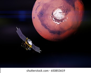 MAVEN Space Probe In Front Of The Mars South Pole (3d Render, Elements Of This Image Are Furnished By NASA) 