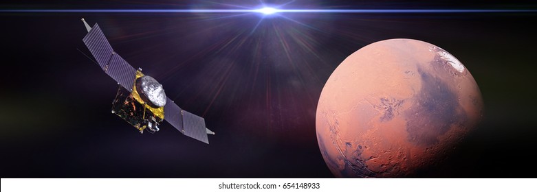 MAVEN Space Probe In Front Of Planet Mars And The Sun (3d Render, Elements Of This Image Are Furnished By NASA)