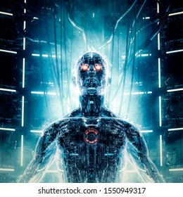 Maximum Power Achieved / 3D Illustration Of Futuristic Metallic Science Fiction Male Humanoid Cyborg Recharging Inside Computer Core