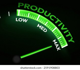 Maximum productivity showing on the green glowing speedometer with needle on max, background. Business, roi, work, productive, performance measurement