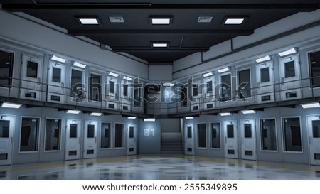 Maximum security prison. Lights turning on in maximum security penitentiary. 3d rendering.