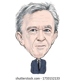 May 17, 2020 Caricature Of Bernard Arnault, Investor, Businessman Millionaire Portrait Drawing Illustration.