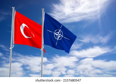 İzmir, Türkiye - May 18 2022: Flags Of NATO - North Atlantic Treaty Organization And Turkey. 3d Rendering