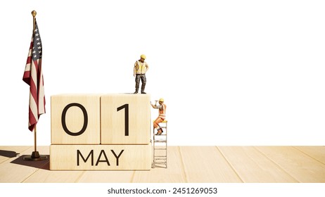 May 1st. Day 1 of month.  Miniature worker wooden block  calendar. labor day's concept. 3d illustration - Powered by Shutterstock