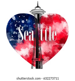 May 2, 2017: Illustration Of Space Needle Tower On Watercolor Heart Background With USA Flag Colors