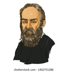 May 21, 2019 Caricature of Galileo Galilei was an Italian physicist, astronomer, and instrument maker Portrait Drawing Illustration.