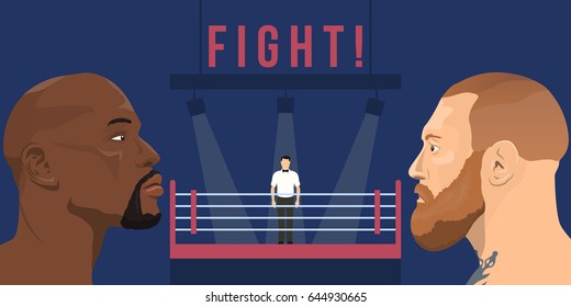 May 22, 2017: illustration of Conor McGregor - an Irish professional MMA fighter and Floyd Mayweather Jr. - an american professional boxer and boxing promoter on boxing ring background.