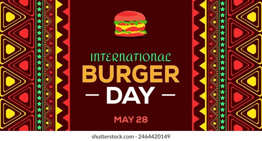 May 28 is celebrated as Burger Day Annually, background design. International Burger Day Wallpaper with colorful shapes and typography in the center. - Powered by Shutterstock