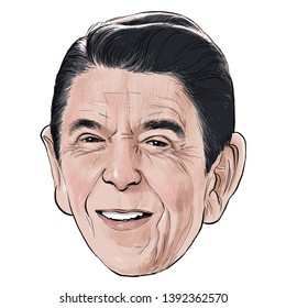 May 9, 2019 Caricature Of Former President Of The United States Ronald Wilson Reagan An Portrait Drawing Illustration.