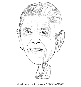 May 9, 2019 Caricature Of Former President Of The United States Ronald Wilson Reagan An Portrait Drawing Illustration.