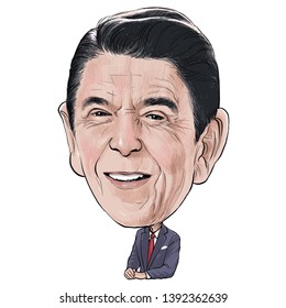 May 9, 2019 Caricature Of Former President Of The United States Ronald Wilson Reagan An Portrait Drawing Illustration.