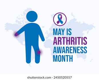 May is Arthritis Awareness Month poster illustration. Person with joint pain symbol. Blue purple awareness ribbon icon. Template for background, banner, card. Important day - Powered by Shutterstock