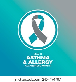 May is Asthma and Allergy Awareness Month poster illustration. Teal and gray awareness ribbon icon in a circle. Template for background, banner, card. Important day - Powered by Shutterstock