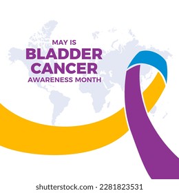 May is Bladder Cancer Awareness Month illustration. Yellow, purple and blue cancer awareness ribbon and world map icon. Important day - Powered by Shutterstock