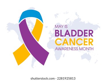 May is Bladder Cancer Awareness Month illustration. Yellow, purple and blue cancer awareness ribbon and world map icon. Important day - Powered by Shutterstock