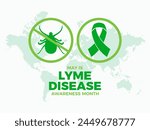 May is Lyme Disease Awareness Month poster illustration. Green awareness ribbon and tick parasitic arachnid silhouette icon set. Template for background, banner, card. Important day