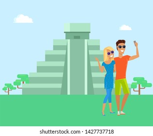 Maya Pyramid And Couple Taking Selfie Ancient Civilisation Sacred Place Architectural Heritage Of People Historical Raster Illustration