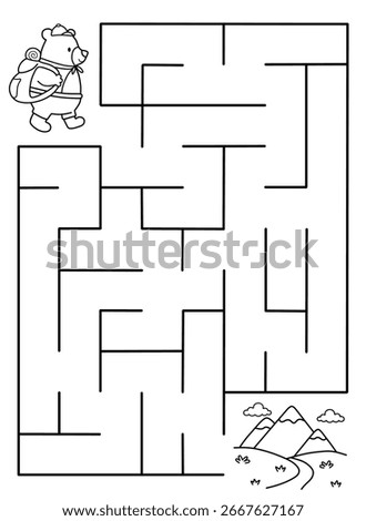 Maze activity sheet for children. Cute maze for kids. Kids labyrinth puzzle. Maze puzzle game for children with cute hiking bear illustration.	