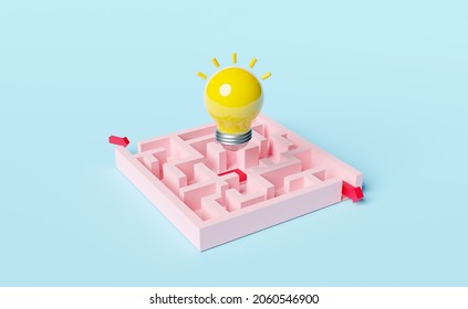 Maze With Arrow, Yellow Light Bulb Isolated On Blue Background. Finding Solution, Business Strategy Concept, 3d Illustration, 3d Render