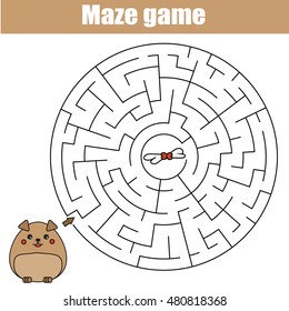 Maze Children Game: Help The Dog Go Through The Labyrinth And Find Food. Kids Activity Sheet