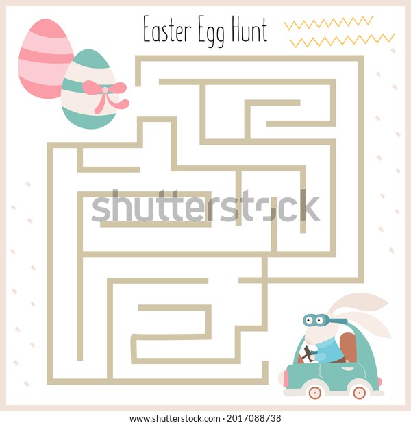 Maze game for\
kids. Help the Easter bunny get to Easter eggs. Kids illustration.\
Worksheet for\
education.