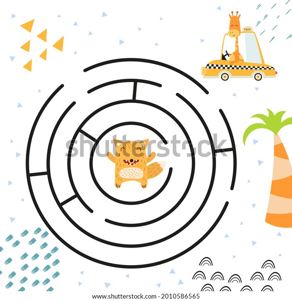 Maze game for\
little one. Help the giraffe taxi driver get to fox. Kids\
illustration. Funny labyrinth for\
kids.
