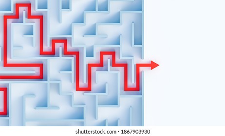 Maze or labyrinth with solution 3D rendering illustration top view with copy space. Red arrow showing the path to the exit. Solving a riddle, a problem, an issue concept.