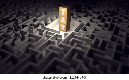 Maze With A Pile Of Wooden Blocks With A TAX Letters. The Impossible To Solve Maze Of Tax Regulations Concept. 3D Rendering.