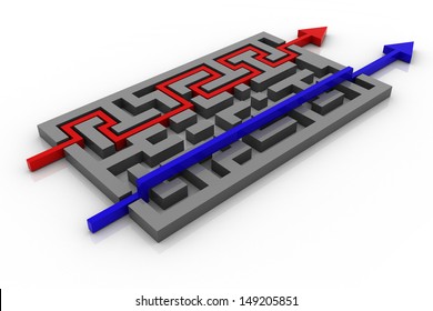 Maze with red and blue arrows. Long and short ways.