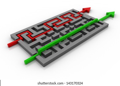 Maze with red and green arrows. Long and short ways.