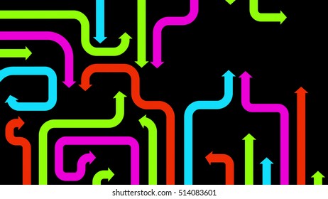 Maze of varicolored arrows on black background, 2d illustration