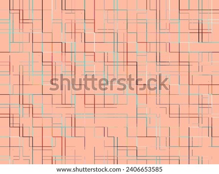 Mazelike 2D abstract grid with thin lines of various colors on a contemporary peach hue, for background or element with digital, architectural, or structural motif