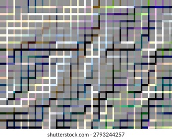 Mazelike geometric 2D grid of colored lines on dark gray. Immersive background or element with motifs of network infrastructure, unhierarchical design, and urban layout.