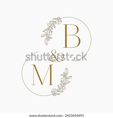 MB Logo initials wedding monogram logo design in simple brown circle leaf frame