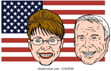 Mccain And Sarah Palin With US Flag At The Background