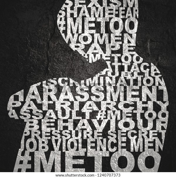 Me\
too hashtag. Social movement concerning sexual assault and\
harassment. Woman silhouette designed as words\
collage