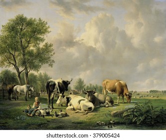 Meadow With Animals, By Jan Van Ravenswaay, 1820-37, Dutch Painting, Oil On Canvas. Pasture With Cows And A Boy With Goats. At Left Two Horses Are Under Trees, And More Cattle Are In A Distant.