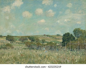 Meadow, by Alfred Sisley, 1875, French impressionist painting, oil on canvas. Sisley was born in Paris to British parents, and remained in France for most of his life. He was the most consistent adhe