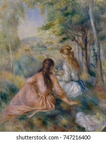 In the Meadow, by Auguste Renoir, 1888-92, French impressionist painting, oil on canvas. Two girls as they pick flowers outdoors. He painted them again, dressed similarly, playing the piano