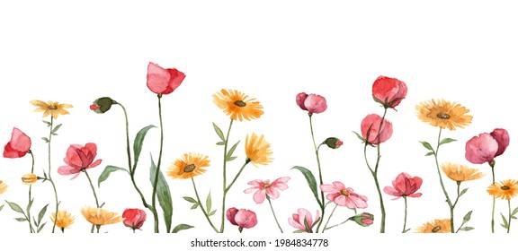 Meadow field with hand painted flowers. Cute floral banner