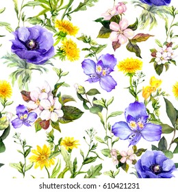 Meadow flowers, leaves and wild herbs. Repeating floral pattern. Watercolor